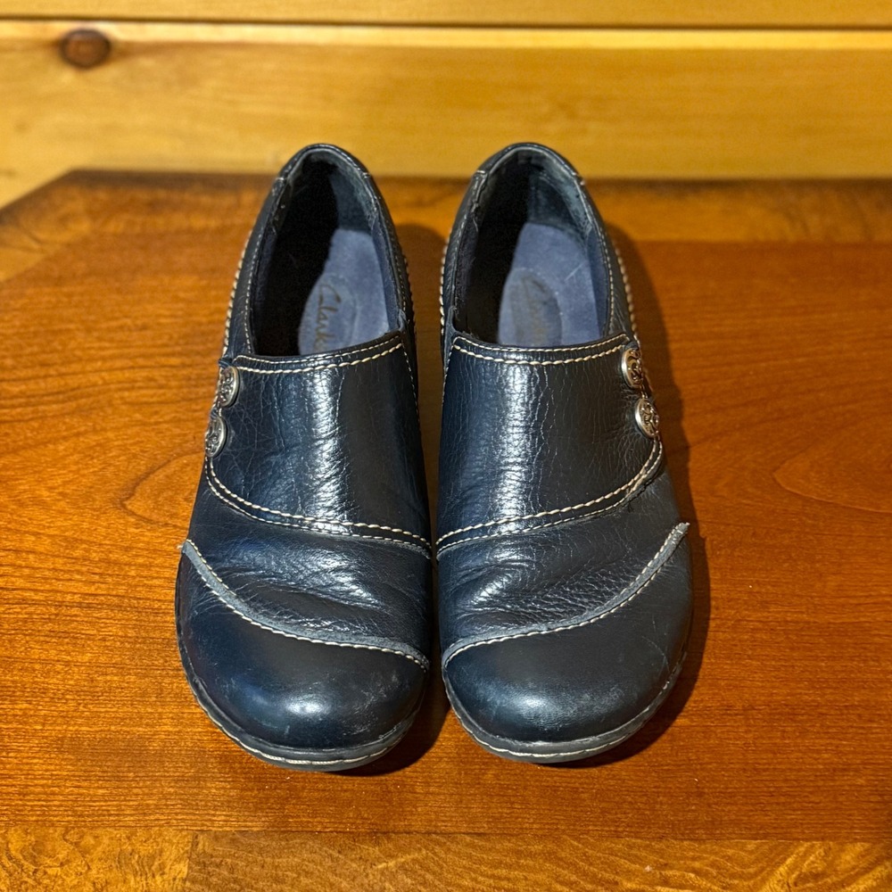Clarks Bendables Womens Navy Blue Leather Loafers Button Slip On Shoes